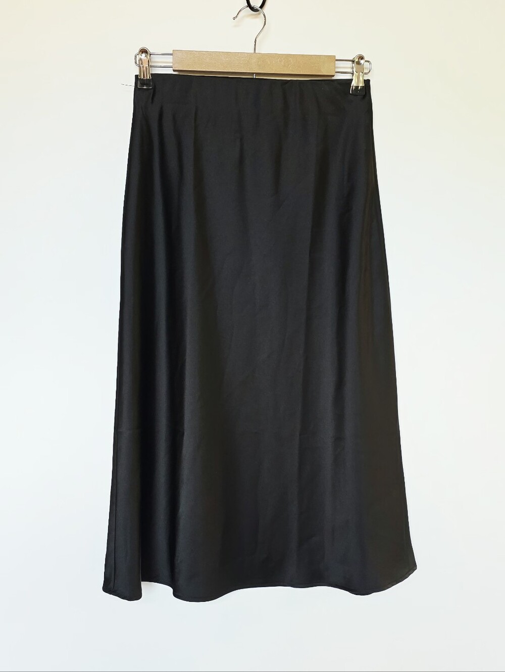 Renee C. Satin Black Midi A-Line Elastic Waist Pull On Skirt Women's Size S